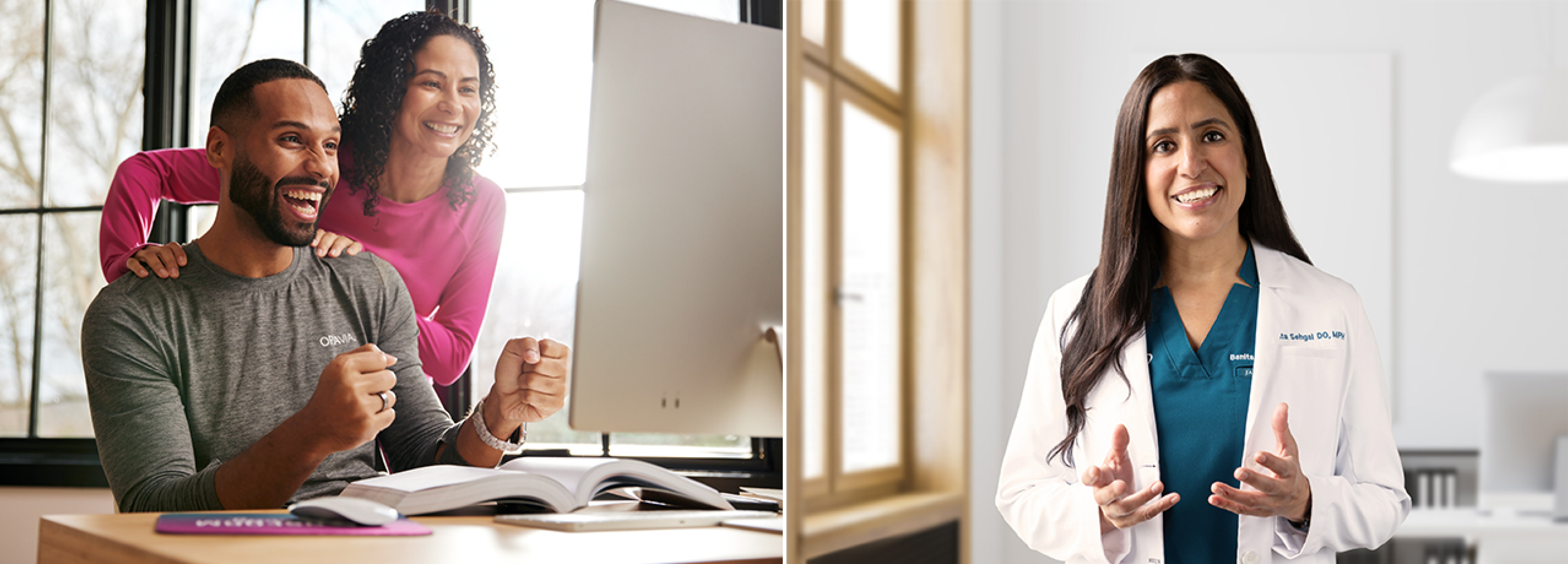 Two photos side by side. Happy couple using computer on the left. Physician smiling and gesturing on the right.